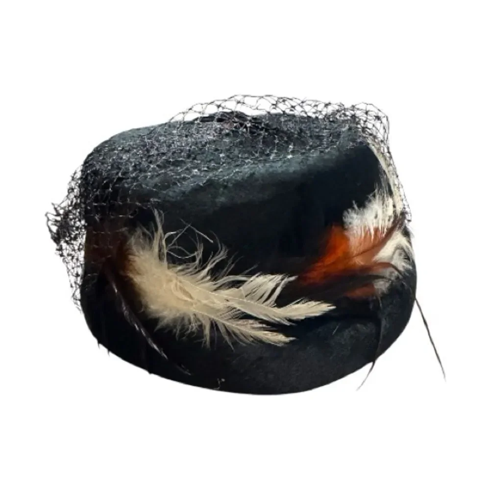 Vtg 1930 1940s Velvet Pillbox Hat Feather Birdcage Veil Union USA Kentucky Derby - Picture 3 of 10